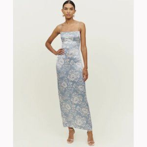 NWOT Reformation Frankie Silk Dress in Porcelain Blue White Floral Print